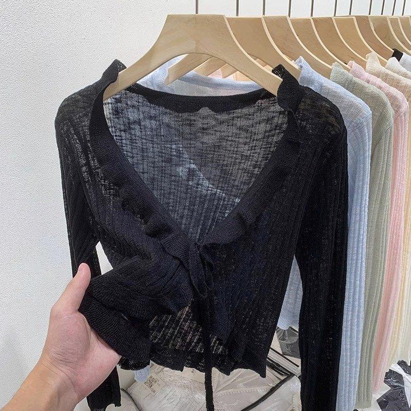 French Ribbed Lace-Up Cardigan - Long Sleeve Knit Shawl for Spring 2026 Women’s Collection