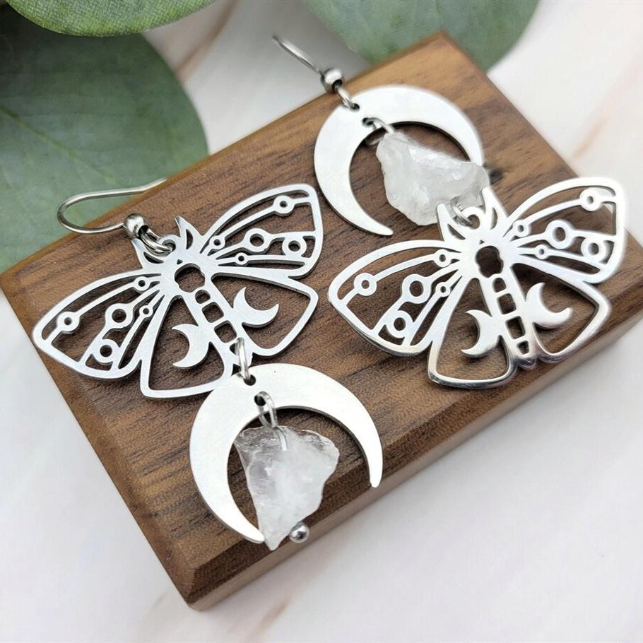 Vintage Hollow-out Butterfly Pendant Earrings Bohemian Moon Moth Ear Hooks Natural Stone Jewelry Accessory Gifts For Women Girls