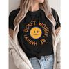 Plus Size - Plus Size - Casual Crew Neck T-Shirt with Smile Face And Don'T Worry, Be Happy Letter Print, Fabric with Slight Stretch