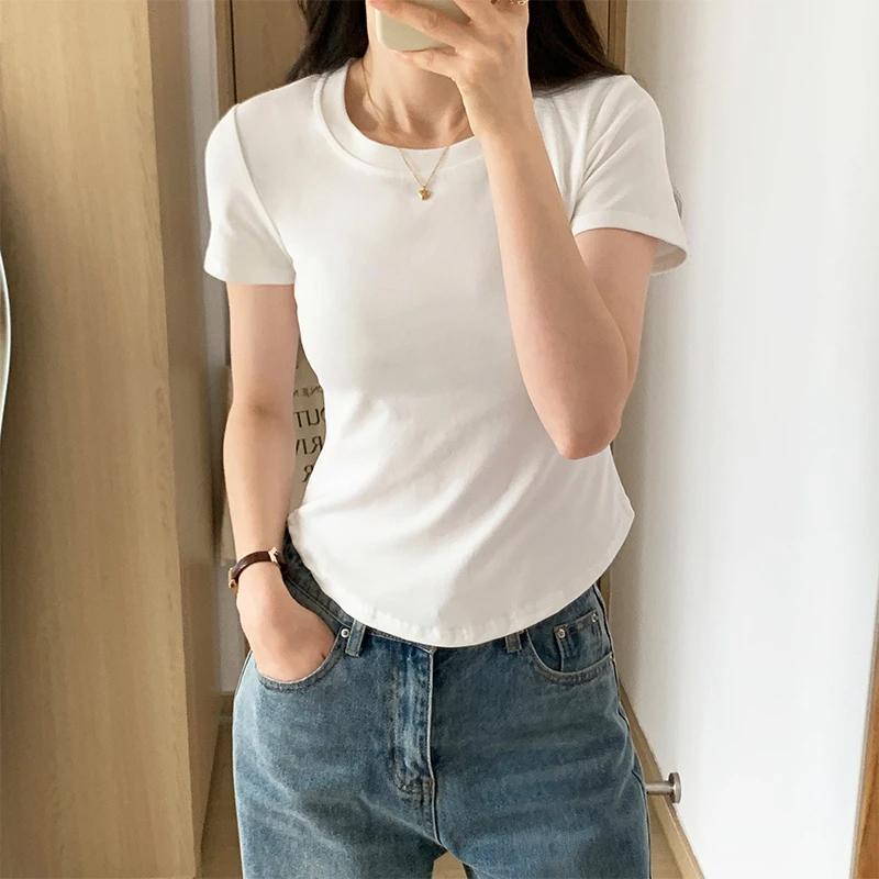Summer Irregular Solid T Shirts Women‘s O-neck Short-sleeve White T-shirt Casual Slim Elastic Skinny Y2k Crop Tops Women Clothes