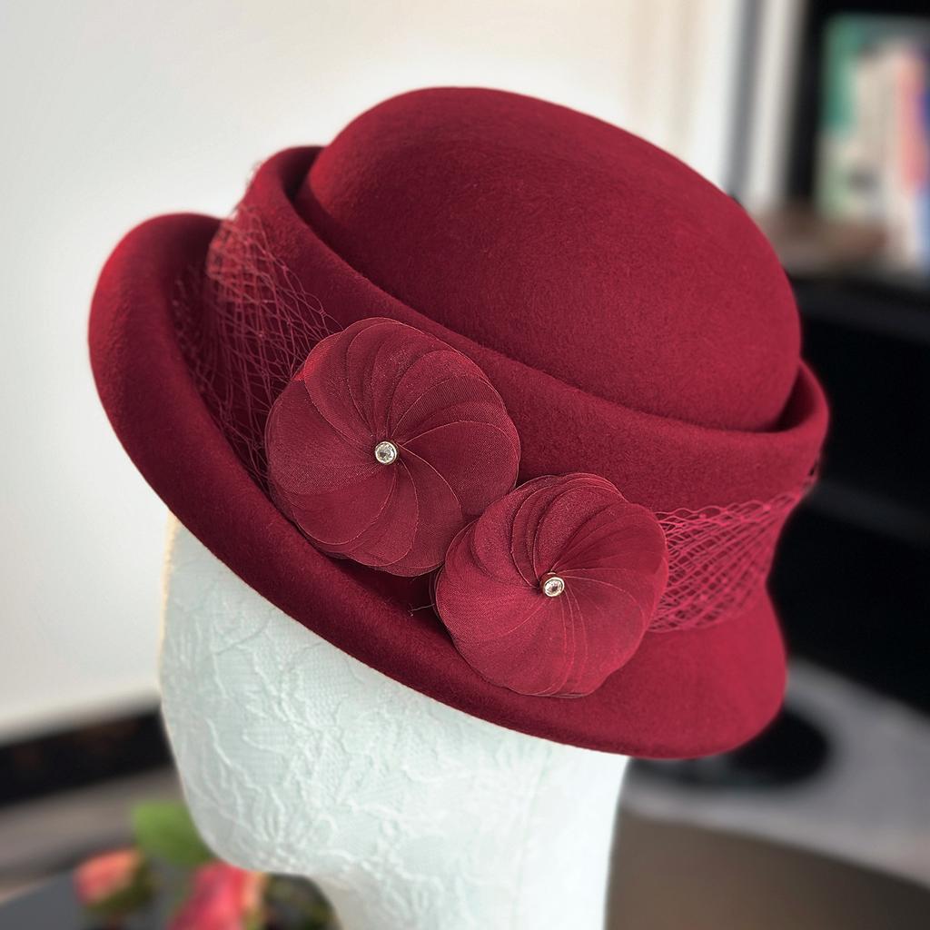 Bucket hat autumn and winter women's new product handmade silk flower elegant irregular wool hat retro warm felt hat top hat