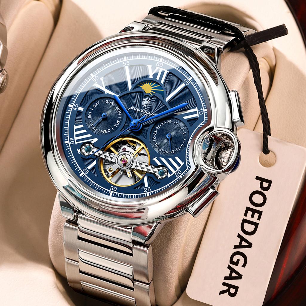 Luxury Business Male Watch Date Week Stainless Steel Tourbillon Men Clock Waterproof Automatic Mechanical Men's Watches