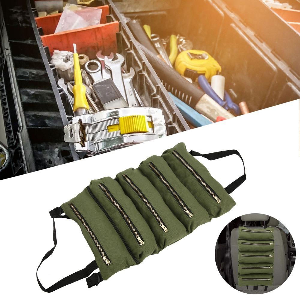 With 5 Zipper Pockets Tool Roll Up Bag Canvas Wrench Tool Roll Tool Roll Up Pouch for Electricians зелёный