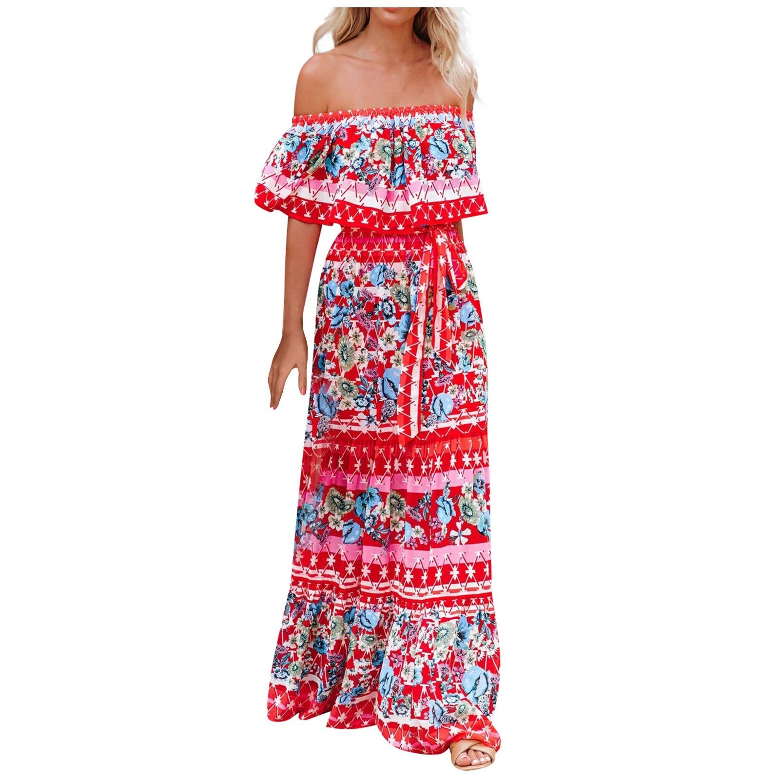 

Fashion Women s Casual Summer Printed Elatic Waist Pullover Loose Dress M червоний