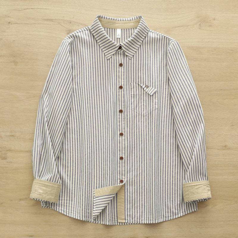 

Japanese Style Patchwork Striped Long-Sleeve Shirt for Women L слоновая кость