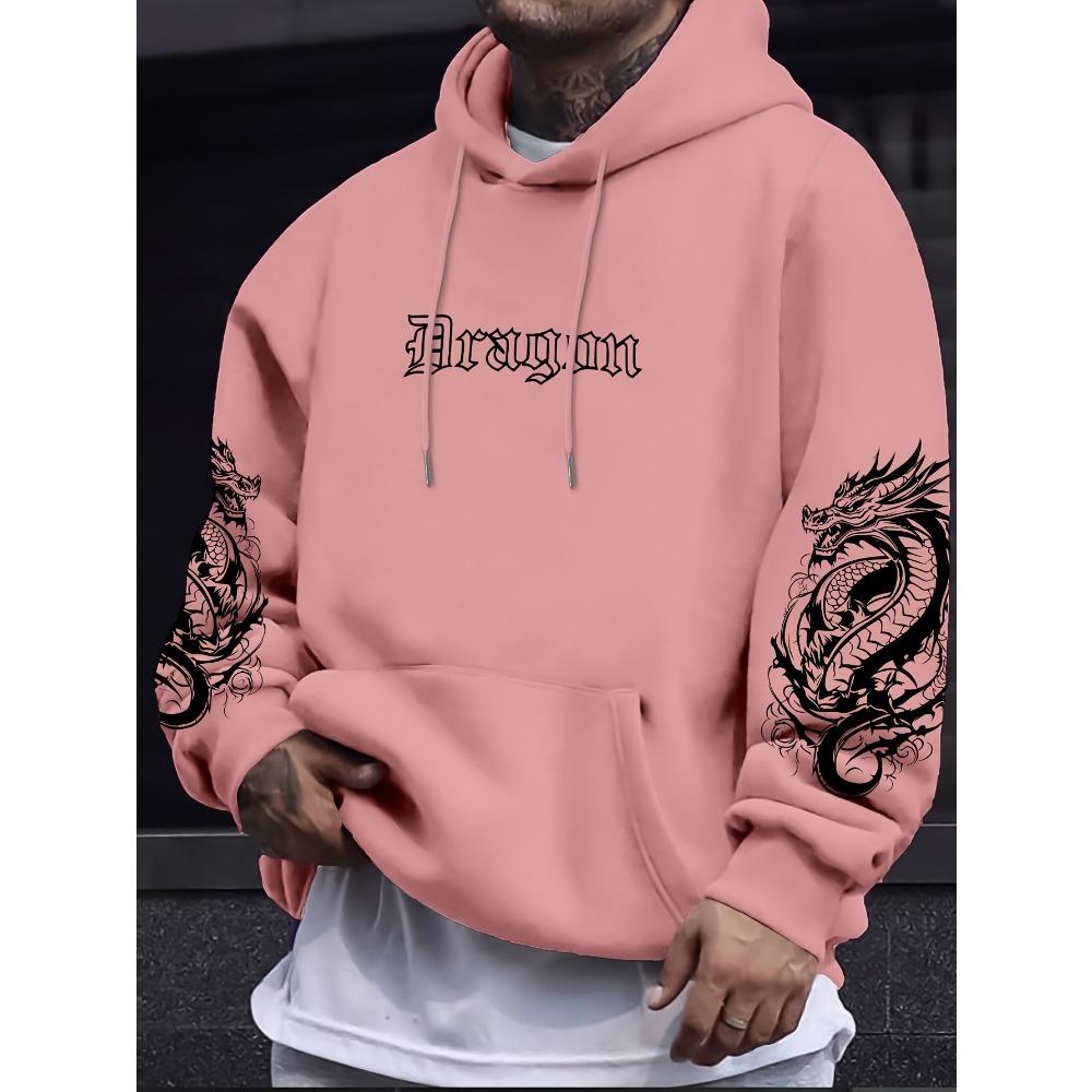 Dragon Element Print Pocket Hooded Sweatshirt Is Suitable for Daily Holiday Outdoor Wear, Autumn And Winter Thickened Men'S Print Hoodie