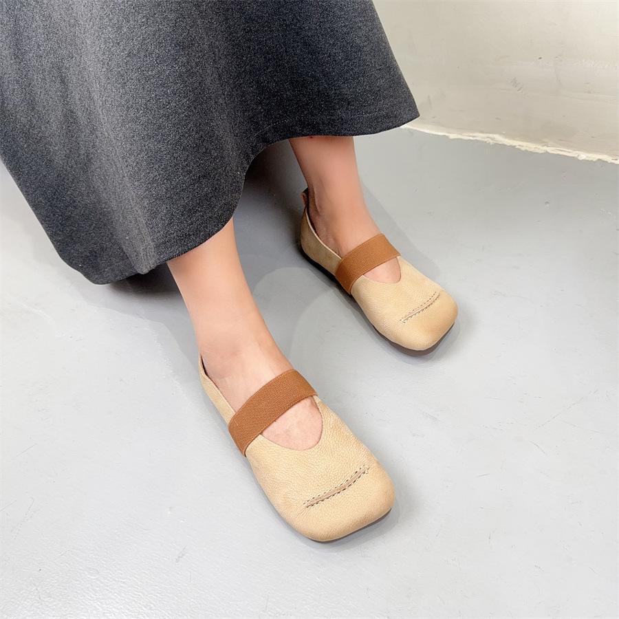 Johnature Flache Schuhe aus Rindsleder mit quadratischer Zehenpartie, Halbschuhe, echtes Leder, weiche Sohle, vielseitige Damenschuhe