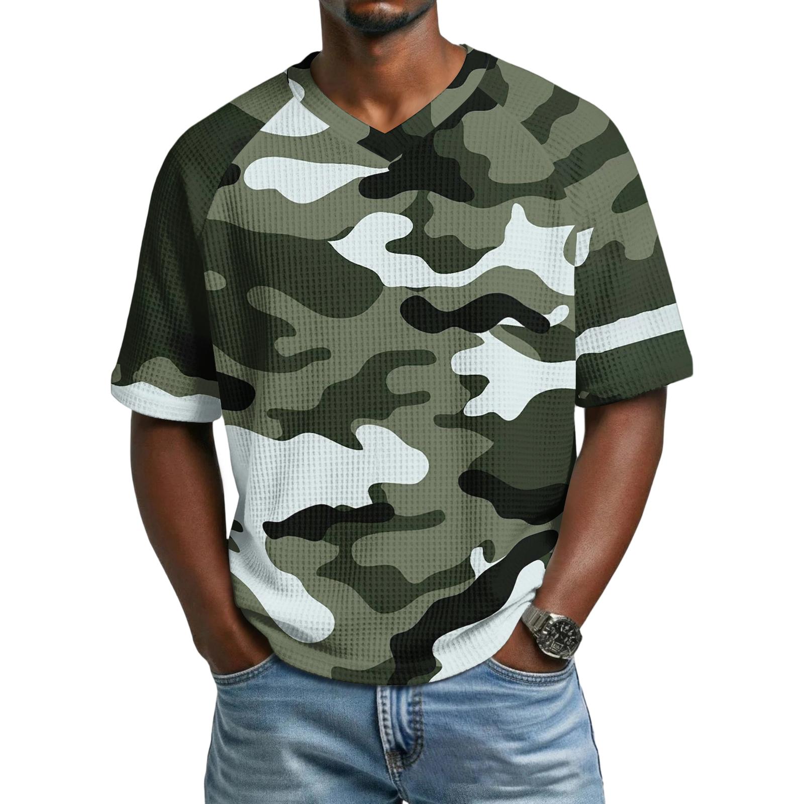 Ionia Heren V-hals Korte Mouw Camouflage Print Casual T-shirt Losse Pasvorm Lichtgewicht Ademend Top voor Dagelijks Gebruik XXXL