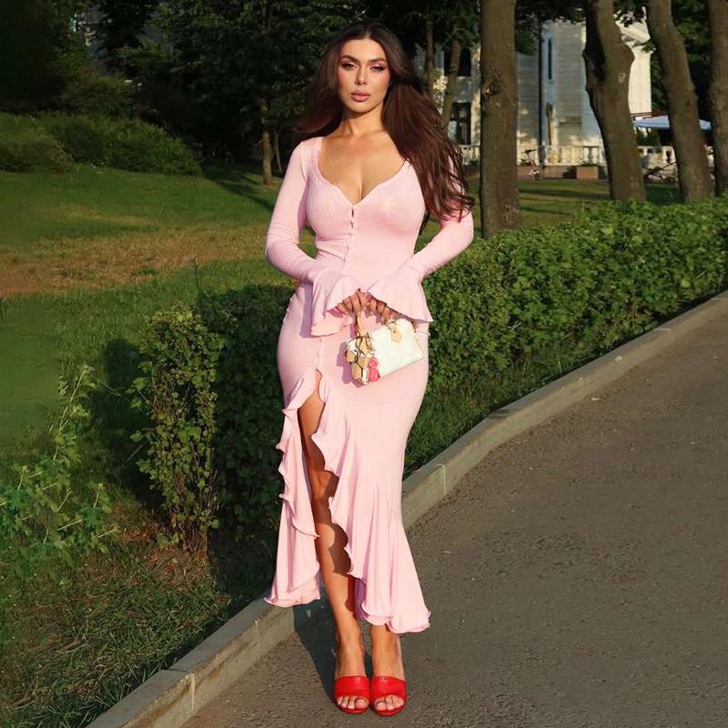 European and American women s clothing autumn new fashionable and sexy v-neck horn sleeve ruffle leaf edge split dress women S розовый