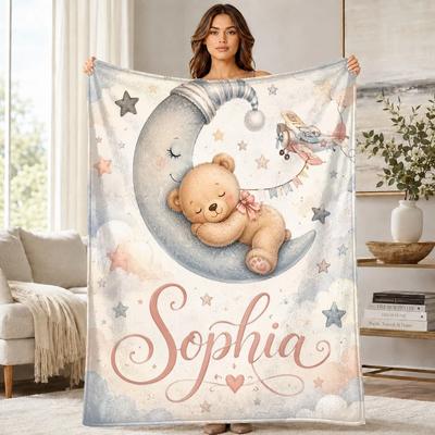Sophia Sleeping Teddy Moon Coral Fleece Blanket Nursery Decor