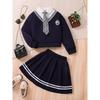 [Campus Style Set] Two-Piece Set: Young Girl's Campus Style | Short Loose Version Long-Sleeved Sweatshirt Jacket + Striped Pleated Skirt with Tie