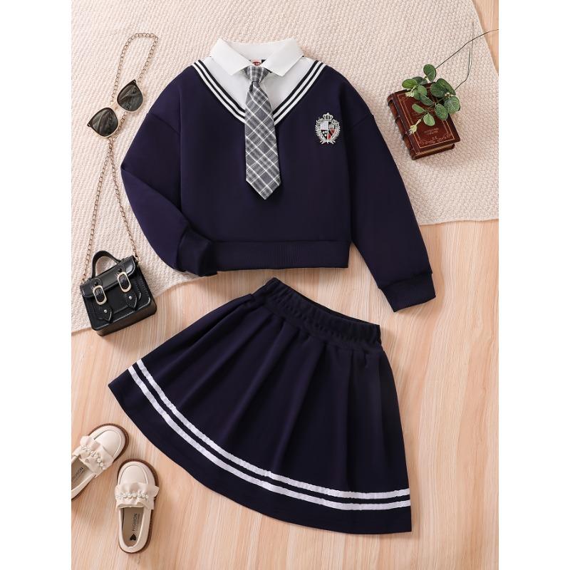 [Campus Style Set] Two-Piece Set: Young Girl's Campus Style | Short Loose Version Long-Sleeved Sweatshirt Jacket + Striped Pleated Skirt with Tie