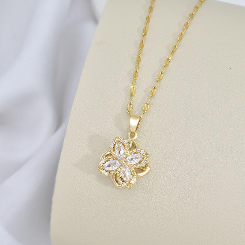 Rotatable Titanium Steel Four-Petaled Flower Necklace, Female Style Fresh And Simple Temperament Inlaid With Zircon Pendant Accessories