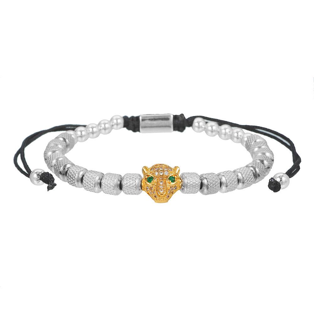 Men's Punk Braided Titanium Steel Bracelet with Leopard Head, Zircon, and Pineapple Beads.