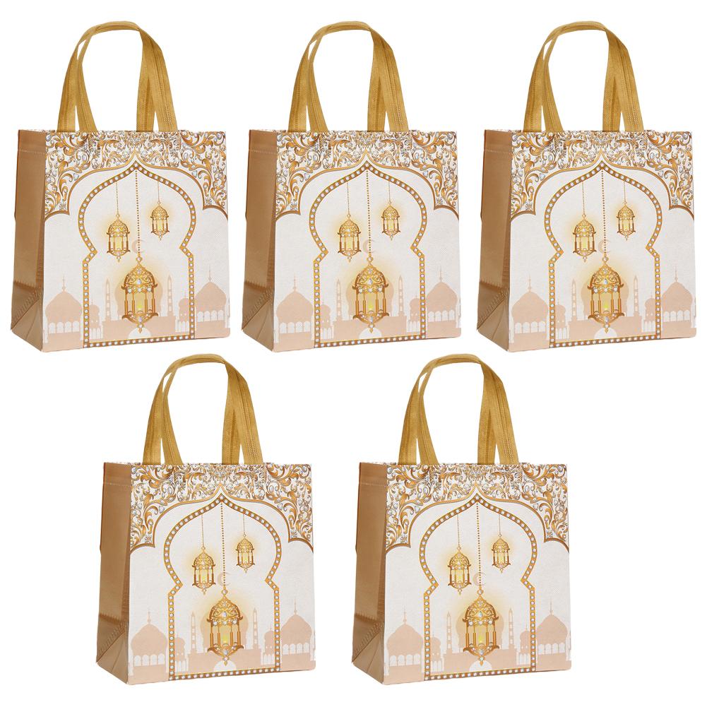 

5PCS Eid Mubarak Non-Woven Gift Bags With Handles Cookie Candy Packaging Bag For Treats Dates Mosque Pattern Colorful Goodie Bag
