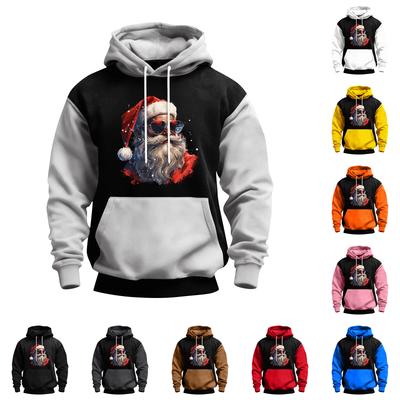 Erkek Noel Baskılı Renk Bloklu Kapüşonlu Günlük Spor Konfor Sweatshirt