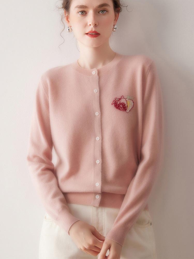 Soft, Skin-Friendly 100% Cashmere Knit Round Neck Cardigan, Single-Breasted Jacquard Commuter Top