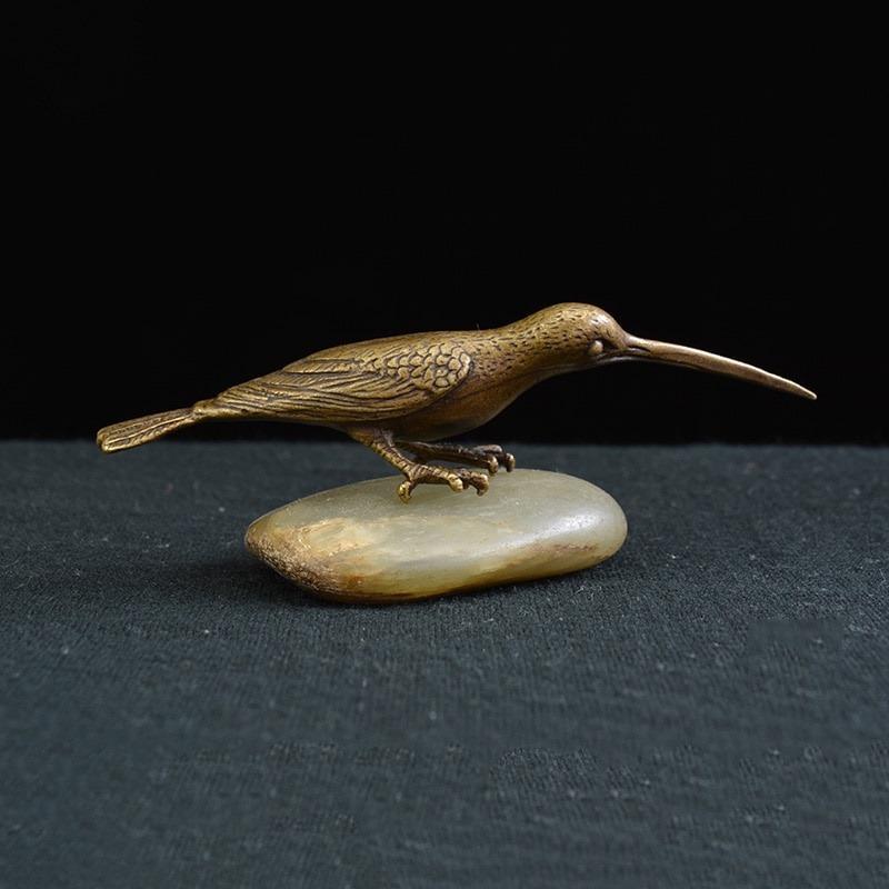 Solid Copper Long Mouth Bird Small Statue Ornaments Classical Vintage Brass Animal Woodpecker Figurines Home Desk Decorations