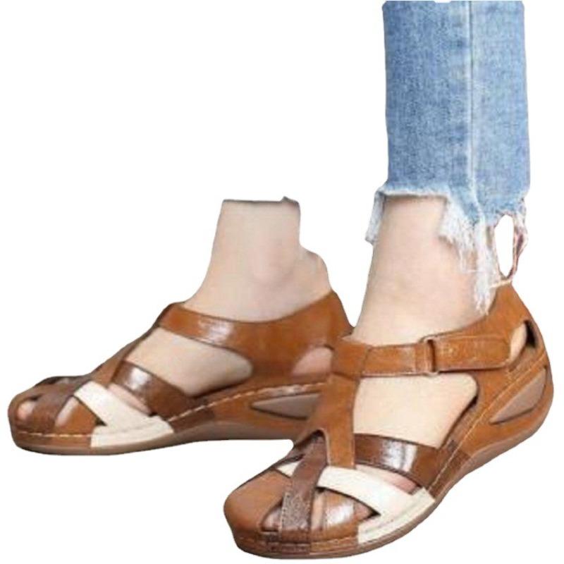 Summer new large size retro round head wedge heel women's shoes cross buckle women's sandals
