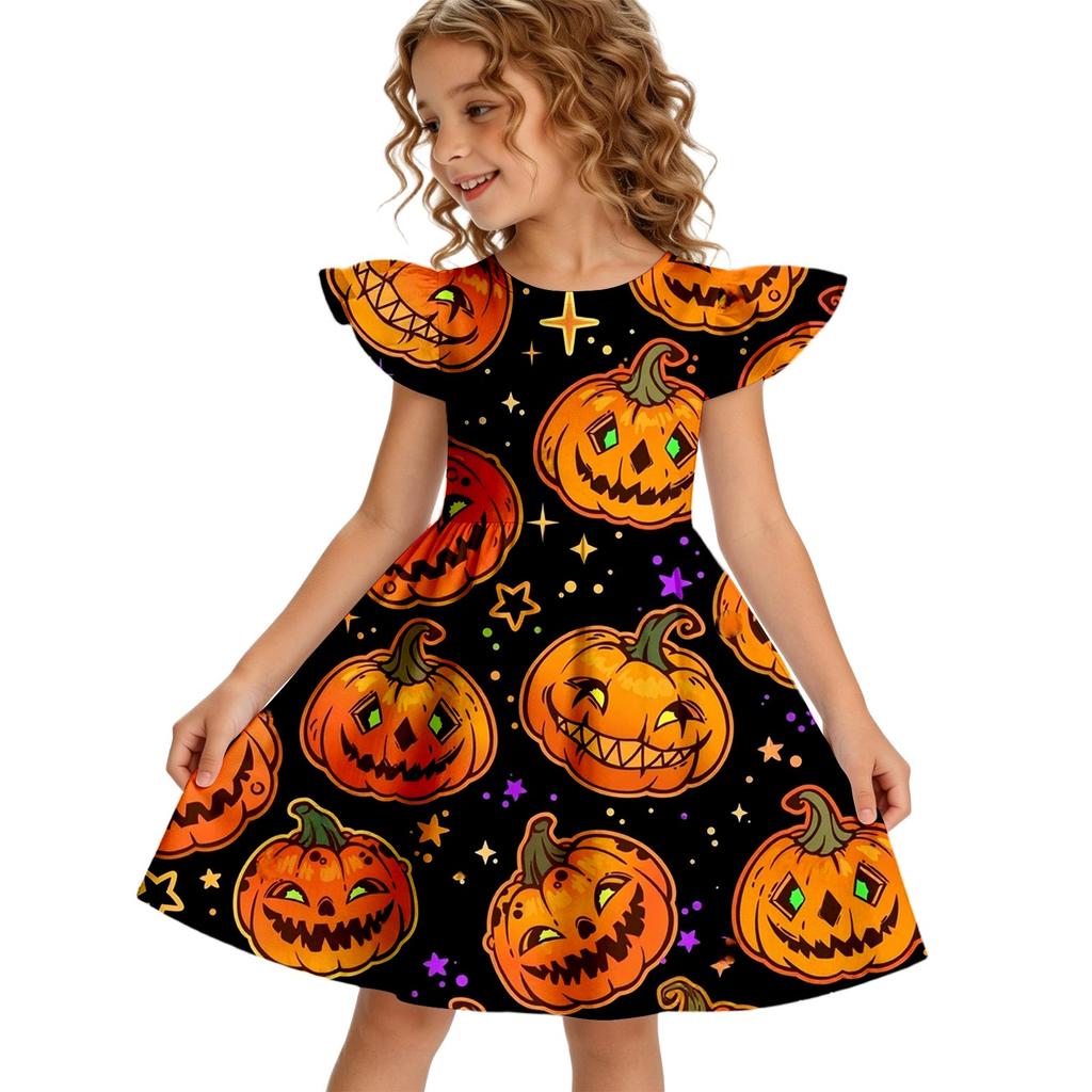 Girls Halloween Dress with Ruffled Hem and Sleeves - Casual Round Neck Toddler Dress for Fall Party