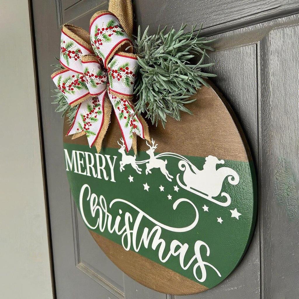 Christmas Door Signs Wooden Front Door Signs Craft With Bow And Fake Plant Reindeer Pattern For Living Room Party Yard