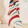 Women Plus Size Two Piece Dress Set Tie Neck Three Quarter Sleeve Firework Printed Dark Blue Long Dress