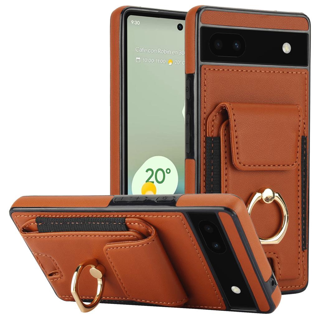 For Google Pixel 6a Phone Case PU Leather+TPU Card Holder Cover with Ring Holder