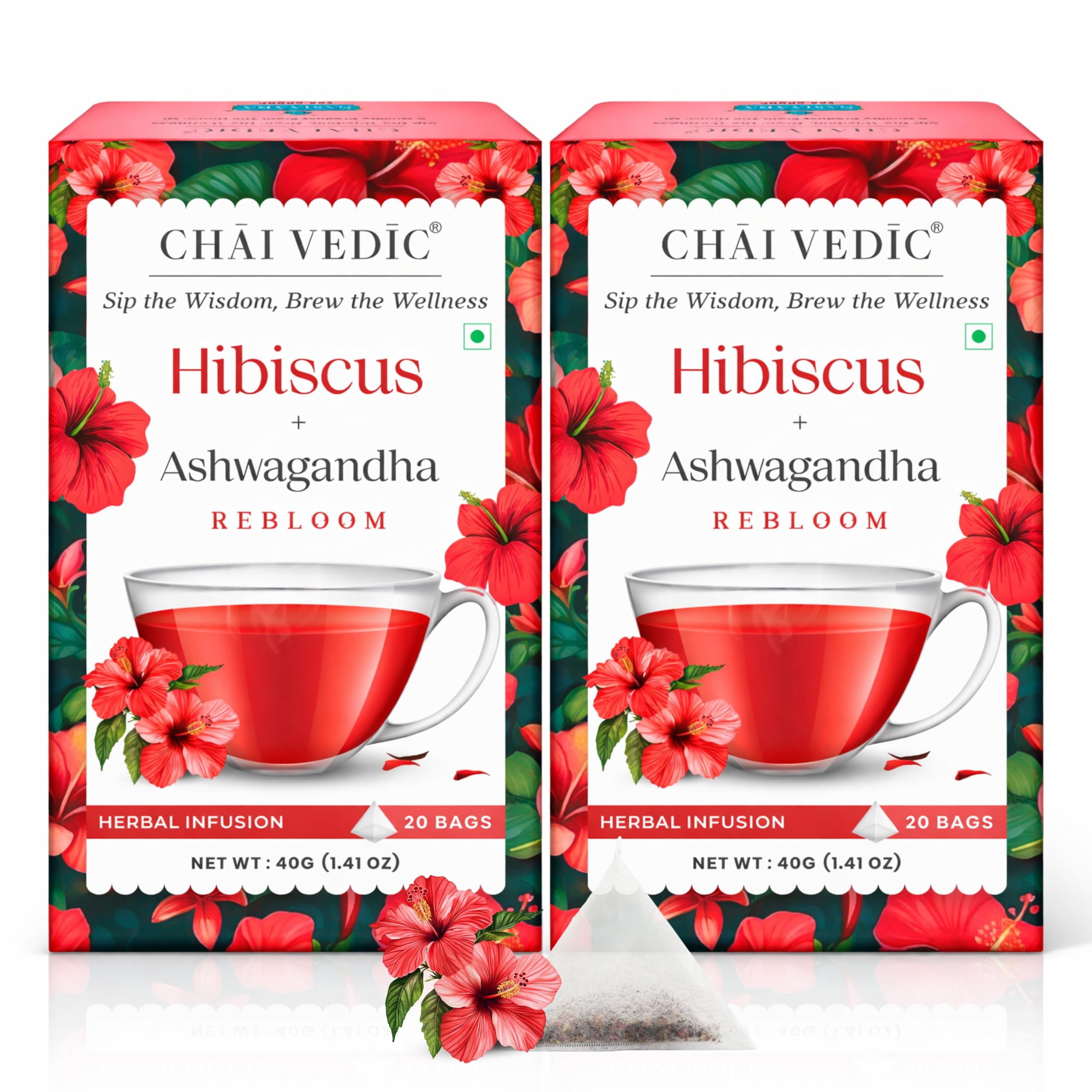 

Chai Vedic Hibiscus Ashwagandha Rebloom Herbal Infusion Tea, 40 Bags, 80g, with Cinnamon, Ginger and Apple Flavour