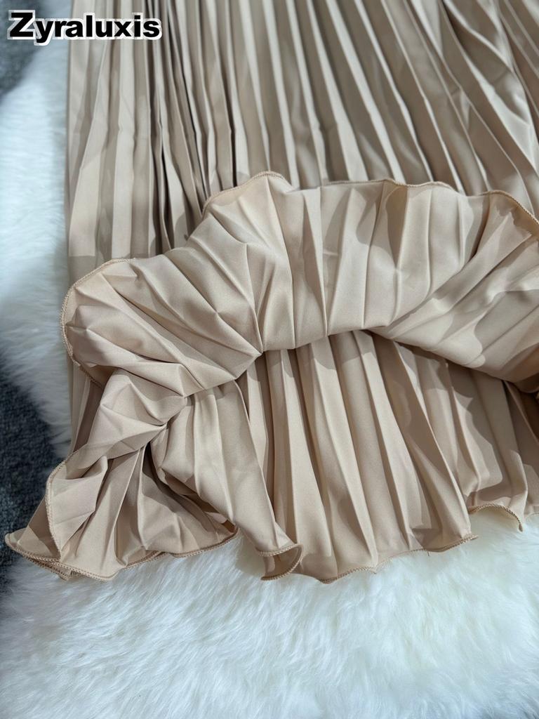 Wavy Edge Pleated Skirt High Waist Slimming Office Wear Versatile Long Dress for Women