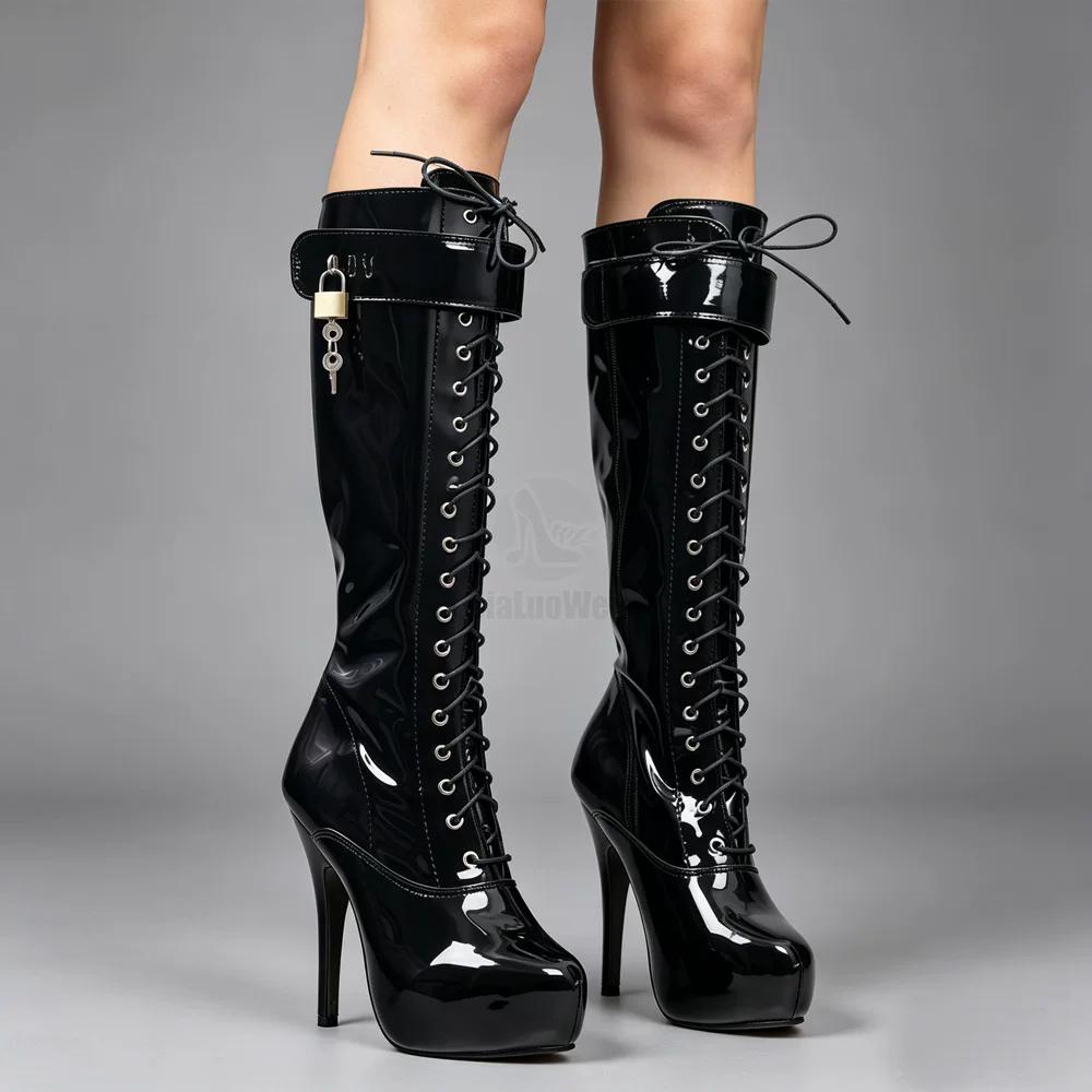 15 cm High Heel Plateaustiefel Damen Kniehohe Lackleder Abschließbare High Heels Sexy Fetisch Party Tanzschuhe