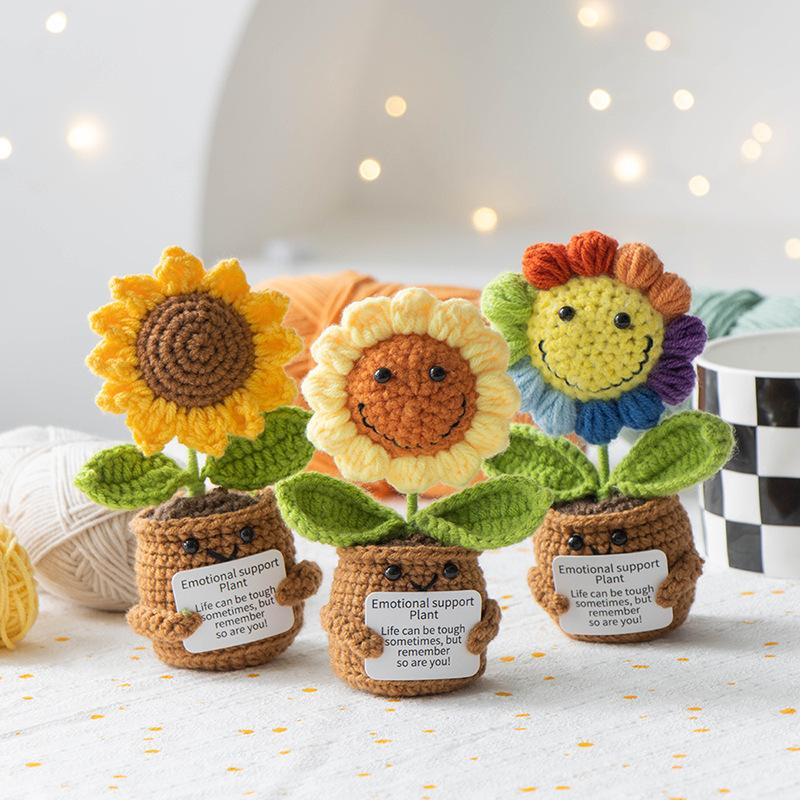 Emotional Support Crochet Sunflower Cute Knitted Flowers Potted Table Decor Graduation Gift Knitting Flower Pot Desk Accessories