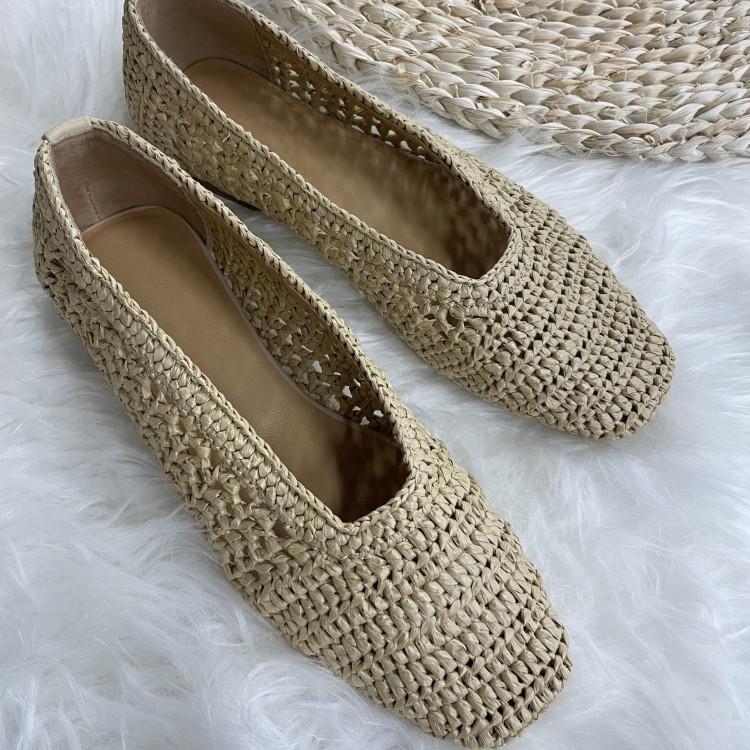 Fårskinnsversion~ nisch retrostil raffia ihåligt vävda plattbottnade enskor damskor grund mun fyrkantig tå mormorsskor damskor