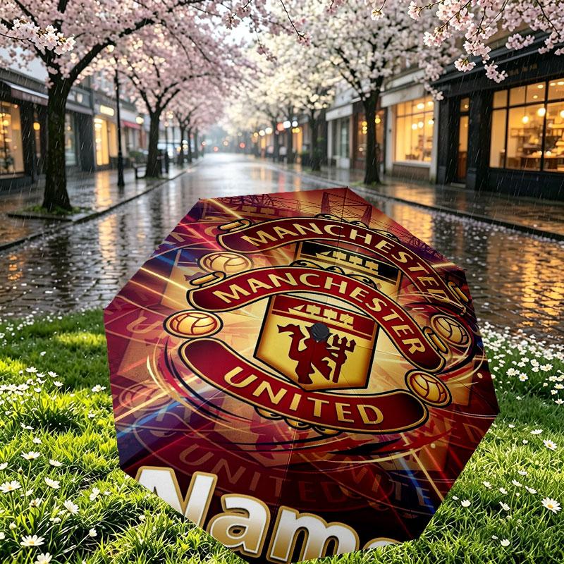Custom Name Personalized Manchester United Print Umbrella, Auto Open Close, 8‑Rib Sturdy Frame, Commute Camping Hiking Use, Birthday Gift