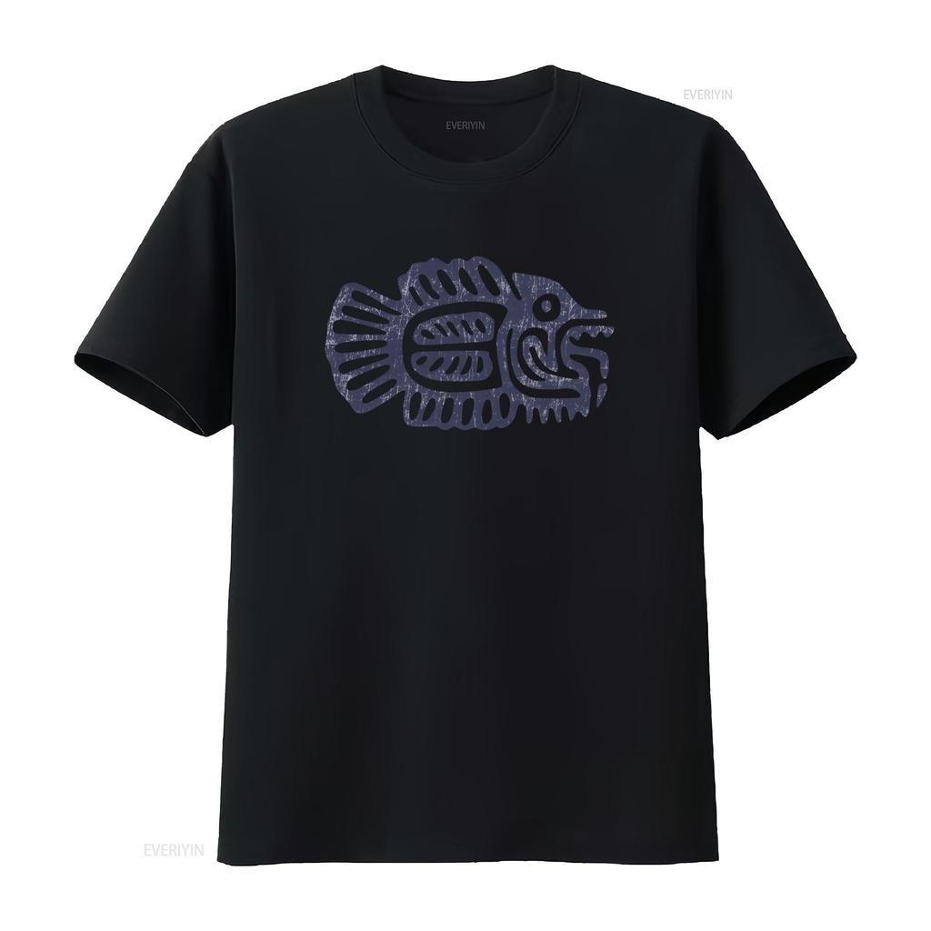 Vintage Tribal Aztec Fish Totem Print Cool Casual T Shirt Vintage Washed Slightly Fashion Homme Unisex Versatile