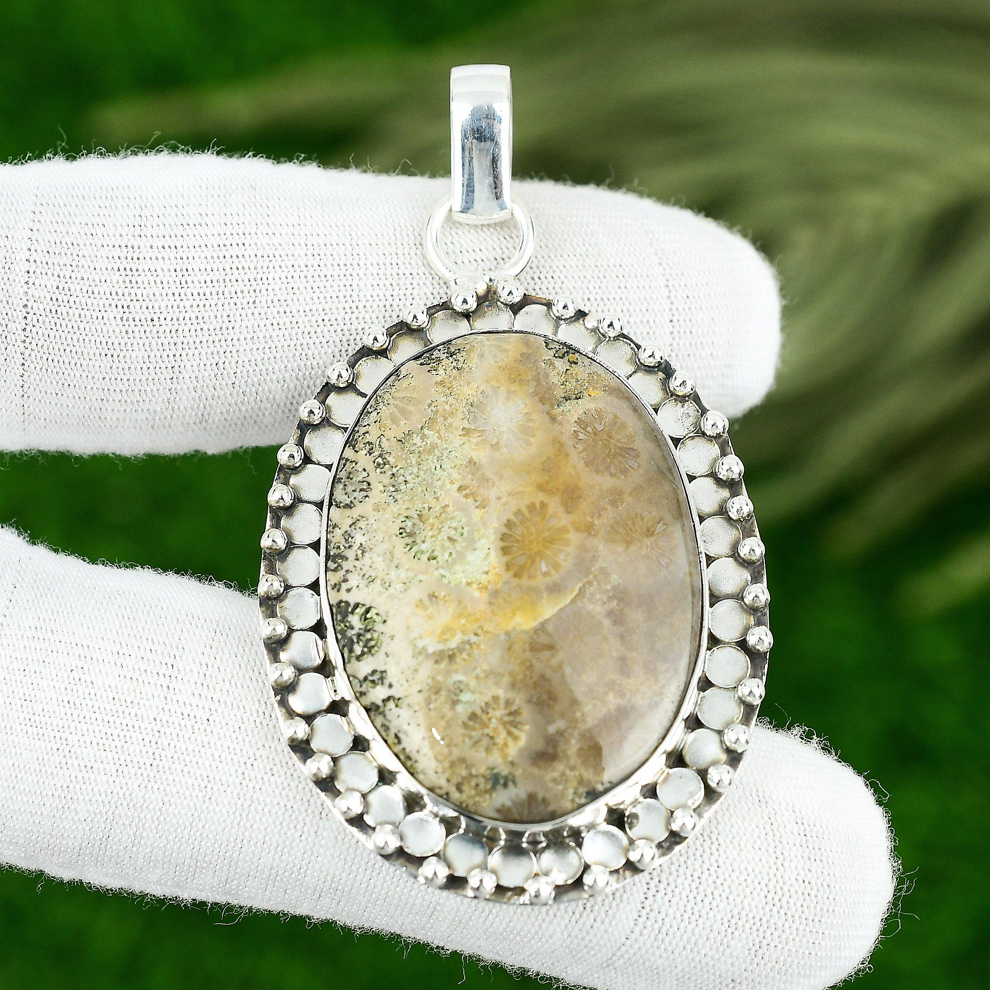 Oval Fossil Coral Gemstone 925 Silver Birthday Sister Bezel Root Chakra Pendant