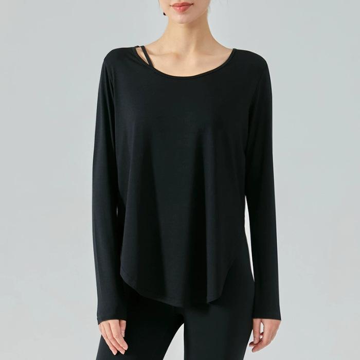 

Single tie-up neckline loose casual fitness clothes long-sleeved blouse running sports wear yoga clothes L чёрный