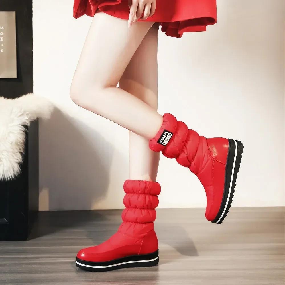 Plus Size Winter Mid-calf Snow Boots Women Warm Plush Blue Red Outdoor Lady Waterproof Wedge Platform Elastic Slip-on Half Boots