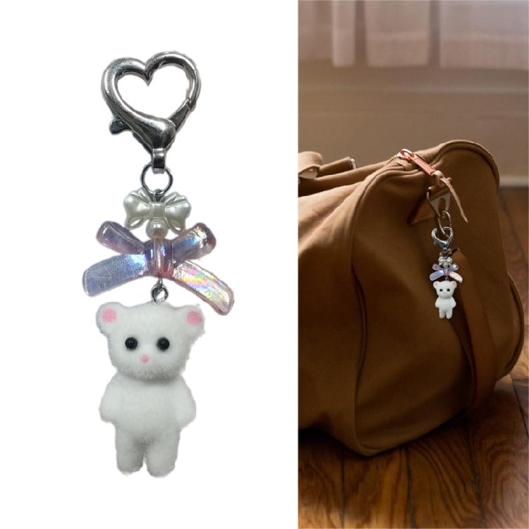 Cute Flocking Animal Keychain Cat Bear Doll Bowknot Pendant Keyring Accessories