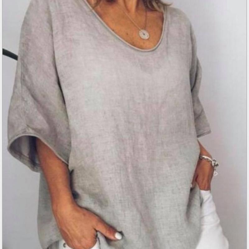 Women'S Fashion Short Sleeve Cotton And Linen Loose Casual Solid Color Top