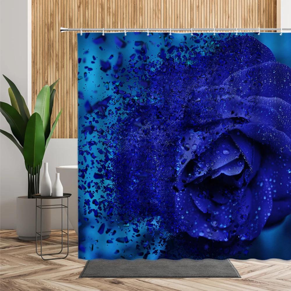 

Romantic Flower Shower Curtain Blue Red Rose Creative Floral Bathroom Decor Valentine Waterproof Bath Cloth Bathtub Screen W60H190(CM)-1 Pcs