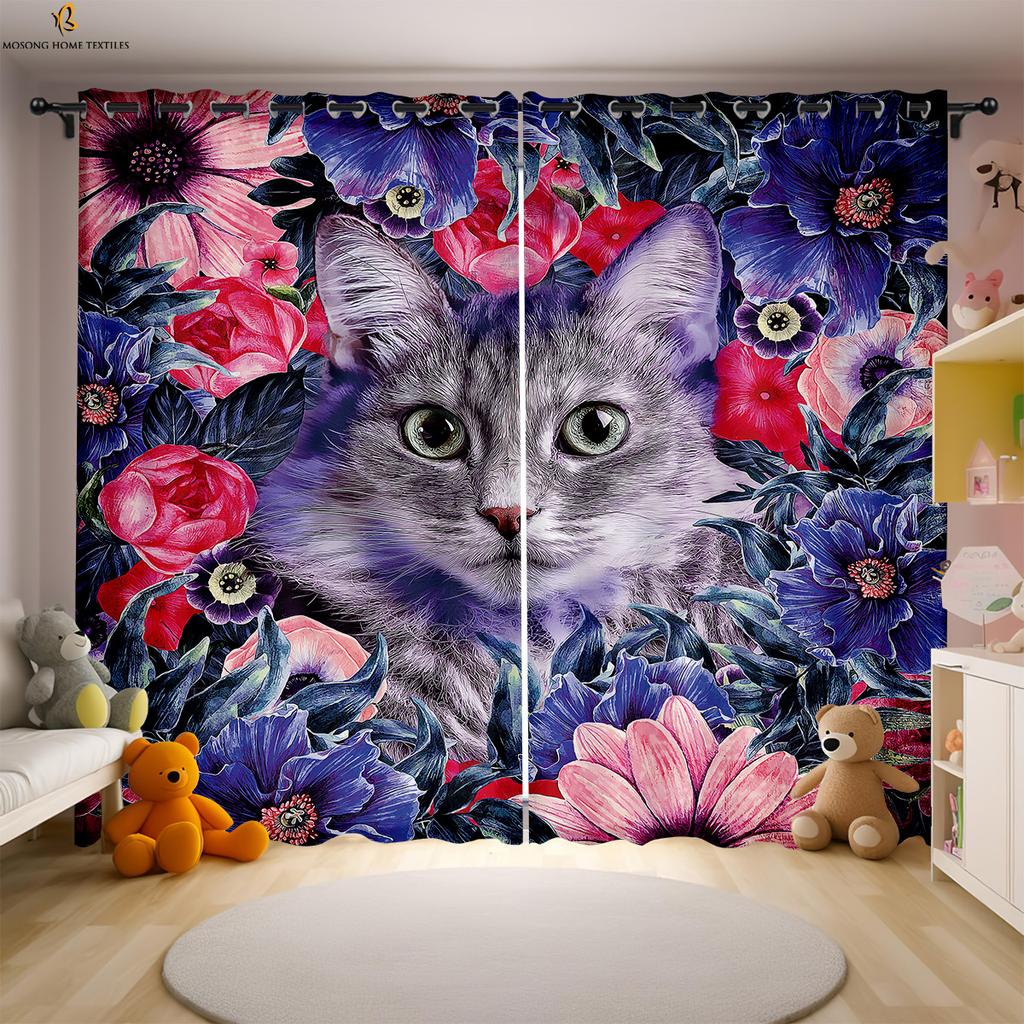 Set Of 2 Cute Funny Cat Printed Curtains Polyester Bedroom Living Room Kids Window Decoration Curtain Perfect For