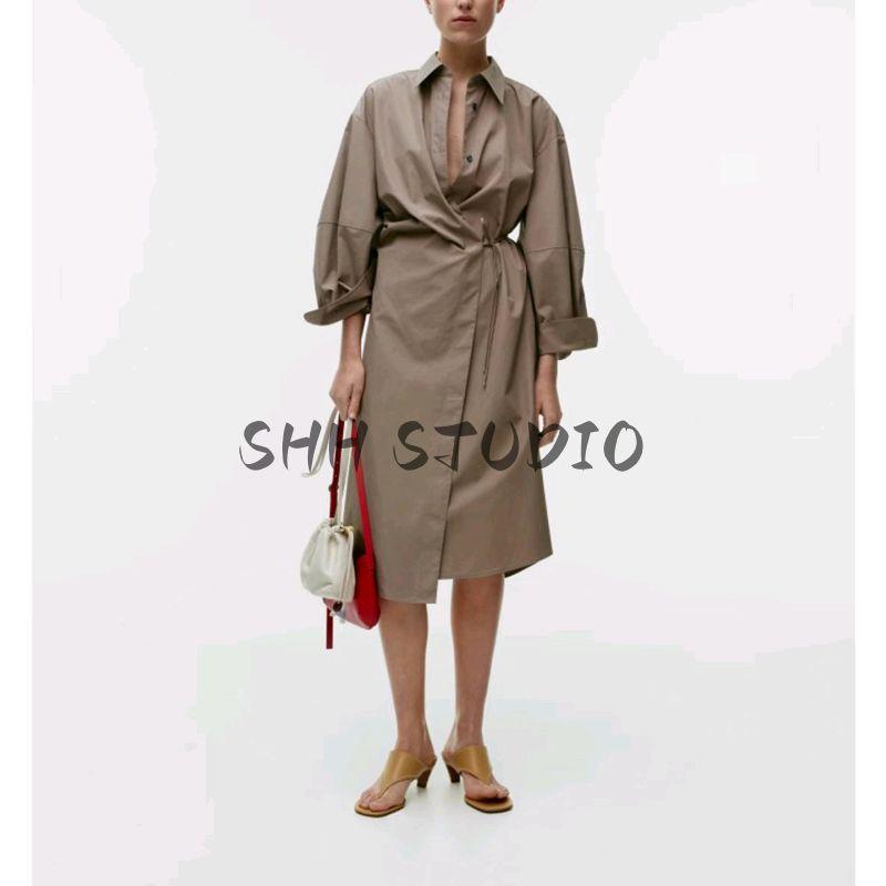Summer New Product Women's Clothes Minimalist Style Mid-Waist Cotton Shirt Asymmetric Long Dress 1220418