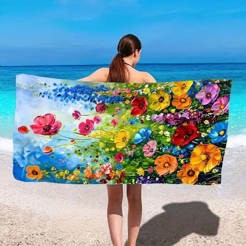 Contemporary Floral Oil Painting Beach Towel, Large Quick Dry for Yoga Swimming Running