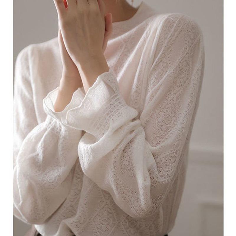 White Knitted Shirt Long Sleeve Hollow Bottom Shirt Trumpet Top Early Autumn Women's Wear
