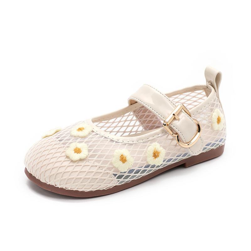 Girls Flat Shoes Mesh Breathable Kids Sandals Embroidered Flowers 2025 Summer New Children Princess Shoes Sweet Trend Soft Sole