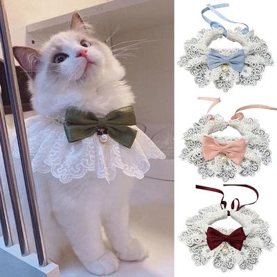 Fashion Cat Necklace Neck Strap Lace Bowknot Dog Neckerchief Pearl Collar Puppy String Bib