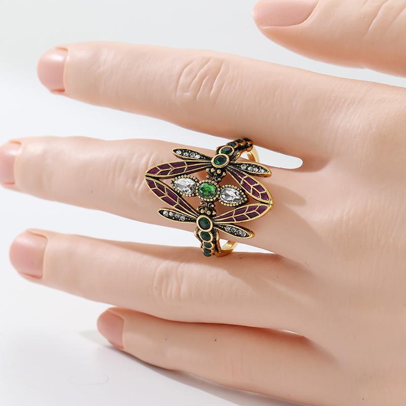 Vintage Inlaid White Green CZ Dragonfly Women's Ring Ethnic Gold Color Hand Carving Daily Wear Party Jewelry Anniversary Gift