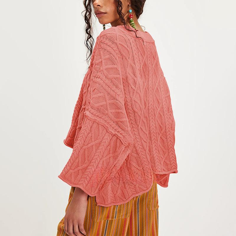 

Женский вязаный свитер с круглым вырезом, рукавами-колокольчиками, кабельной вязкой, повседневный топ кораллово-розового, черного, бежевого, белого цвета XL арбуз красный