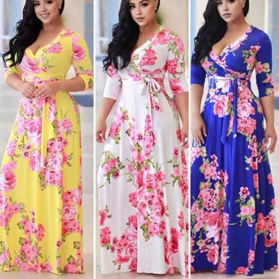 Women Dress Deep V Neck Wrapped Long Sleeve Flower Print Big Hem Lace-up Tight High