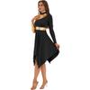 Womens Contrast Color Patchwork Dance Performance Costume Long Sleeve Asymmetrical Hem Dress